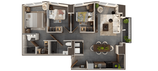 Khora 2-bedroom luxury apartment floor plan featuring open-concept living, modern kitchen, master suite, and private balcony